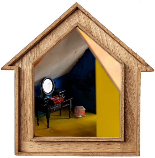 Attic room with a dollhouse in the shadows contained in a wooden house shaped frame