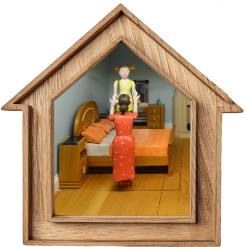 Guest room in a wooden house shaped frame