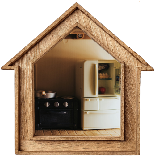 Kitchen in a wooden house shaped frame