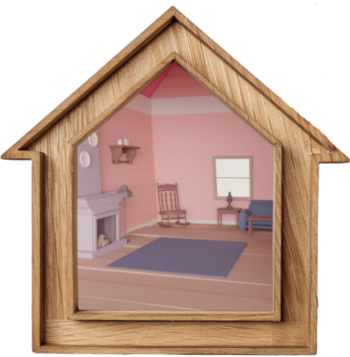 Living room in a wooden house shaped frame