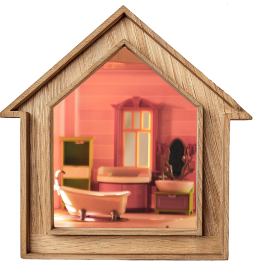 Pink bathroom in a wooden house shaped frame